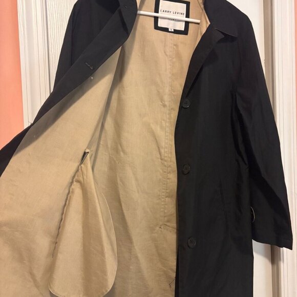 Larry Levine SPORT Trench Coat Rain Jacket Womens Small Black Lined Button Close - Picture 2 of 5